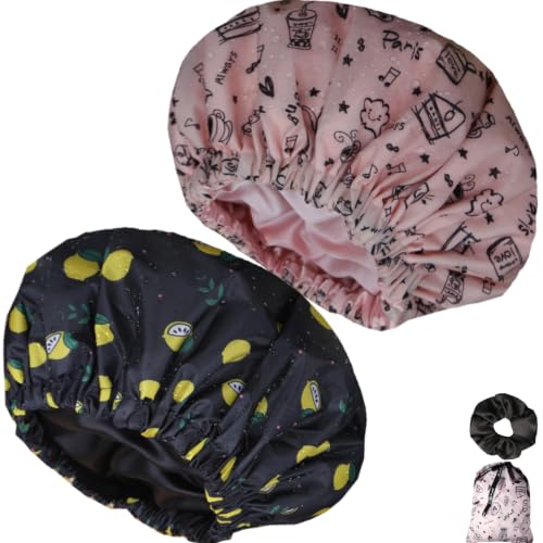 Genergy 2Pcs Satin Lined Large Shower Cap for Women Set with Bag & Scrunchy