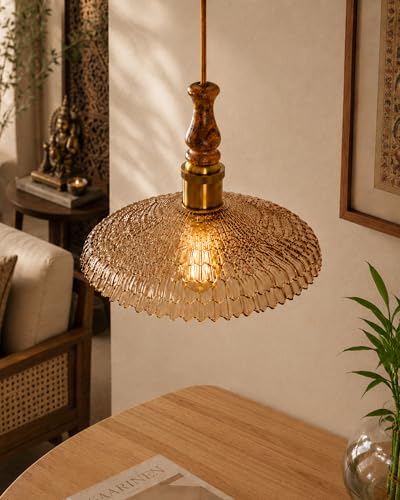 Image of Homesake Botanica Pendant Lamp | Petal Scalloped Glass Hanging Light with Solid Wood Top | Vintage European Ceiling Fixture, Pendant Light for Home Decor, Hallway, Kitchen & Balcony, (Ripple, Yellow)