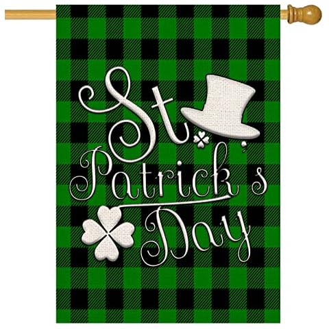 Qinqingo St Patricks Day Green Black Buffalo Plaid Clover Magic Hat House Flag Vertical Double Sided St Patricks Day Yard Outdoor Decoration 28 x 40 Inch (HF-D) Cover
