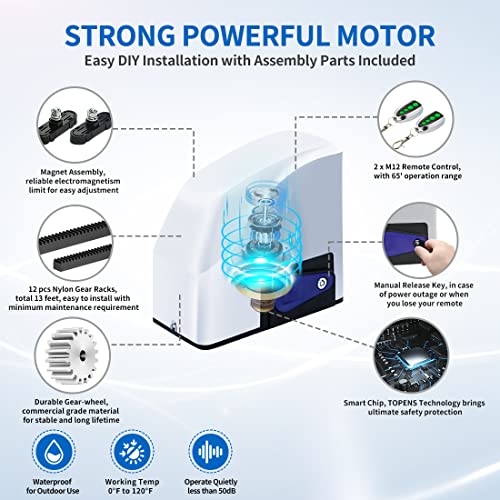 Topens Rk500T Automatic Sliding Gate Opener Rack Drive Electric Gate Motor For Heavy Driveway Slide Gates Up To 1300 Pounds, Security Gate Operator Ac Powered With Nylon Gear Rack And Remote Control #TOP3