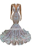 Maricopyjam Sleeveless Shiny Sequined Long Train Mermaid Prom Shower Party Evening Dress Celebrity Pageant Gown, 2