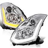 SPEC-D TUNING Chrome Projector Headlights w/Sequential LED Strip Compatible with 2003-2007 Infiniti G35 Coupe, Left + Right Pair Headlamps Assembly