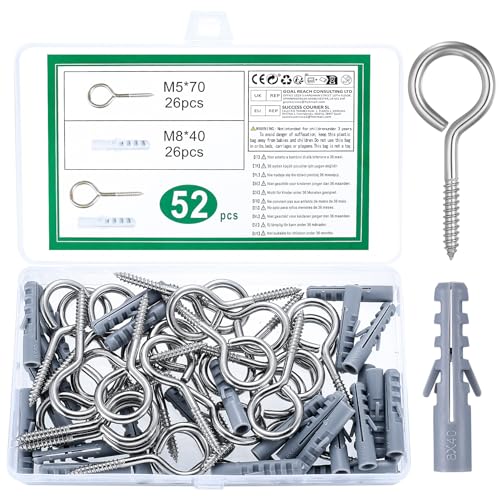 52 tornillos con ojal, M5 x 70 mm, acero inoxidable con rosca, ojales autorroscantes de metal con rosca para madera, ganchos para fijación colgantes de madera