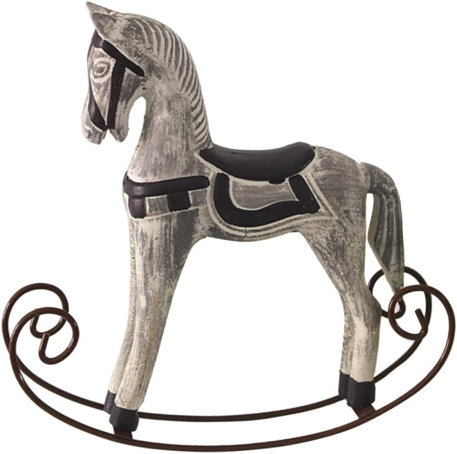 2pcs Wooden Rocking Horse Figurines Handmade Vintage Animal Decor for Home Desktop Adornment Grey