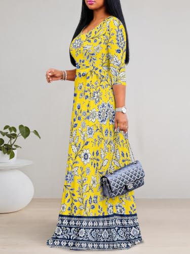 Image of PinkPatty Women's Plus Size Maxi Dresses Casual Flowy 3 /4 Sleeves Dress Printed Vacation Dress for Daily Wear with Belt