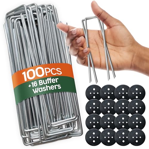 PORTENTUM Grapas Césped Artificial 100 Uds + 16 Arandelas – Piquetas Camping Suelo Duro, Estacas para Tomateras, Piquetas Camping, Grapas Malla Antihierbas y Césped Artificial