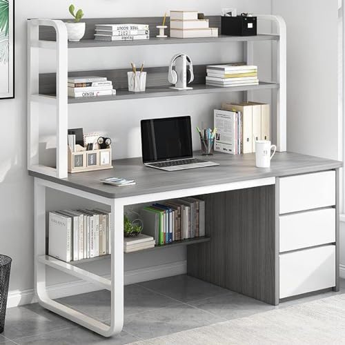 ITETONE Escritorio de computadora con aparador y estantería, Escritorio de Oficina con 3 cajones, Mesa de Estudio Industrial, estación de Trabajo para el hogar y la Oficina (47 Pulgadas, Gris)
