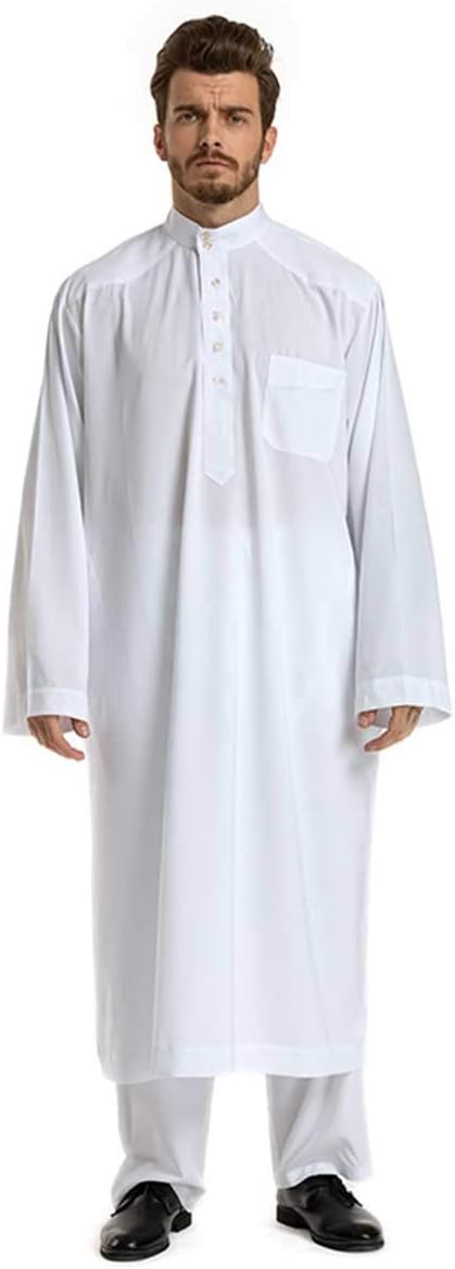 YYZKYTO Men's Robe Cotton Pyjamas Nightshirts Nightgown Bathrobe Middle East Ethnic Clothing Arab Solid Color Men's Long Sleeve Button O Collared Retro Shirt Lounge Wear S- 3XL,White-3XL