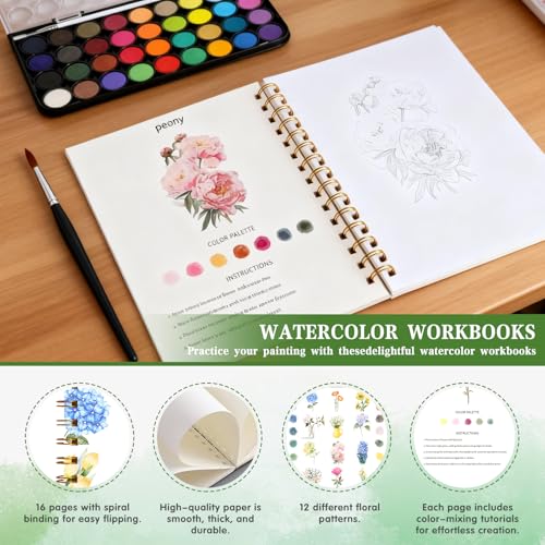 SHUANGBAODALAO Aquarell Arbeitsbuch mit 12 Motiven, Watercolor Workbook mit 36 Farben & Pinsel, Aquarell Malbuch für Erwachsene & Kinder, Aquarell Set für Anfänger (Blumen)