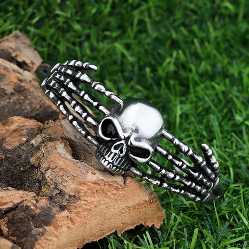 Gothic Skull Cuff Bracelet, Stainless Steel Skeleton Hands Bangle Bracelet, Punk Rock Jewelry Gift Women Men2