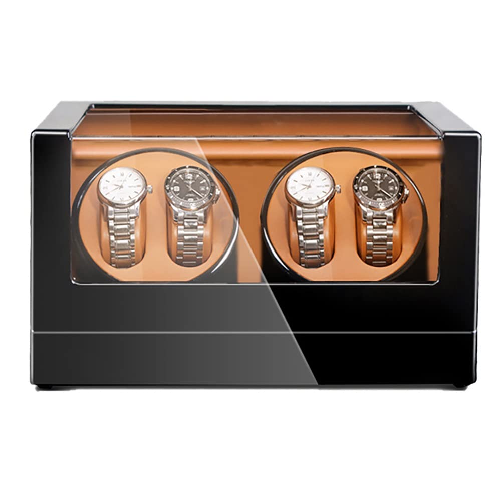 MYUYEE Automatic Watch Winder For 4 Watches Pu Leather Watch Box 5 Rotation Modes With Silent Motor Flexible Plush Cushion Piano Lacquer Wooden Wristwatch Box (C-Black)
