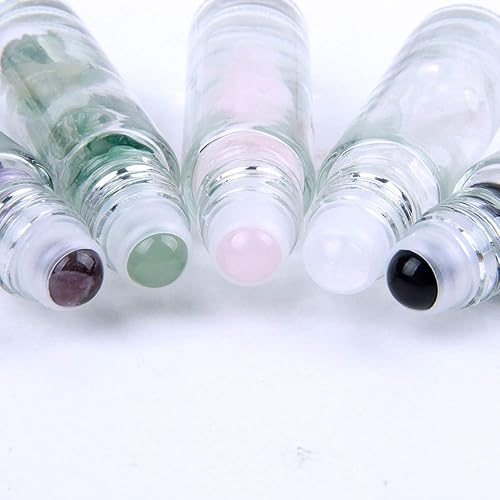 Miniatura 3 de Constore 5 botellas enrollables de piedras preciosas de 0.3 fl oz, botellas recargables con tapas de bambú, chips de cristal curativo en el interior