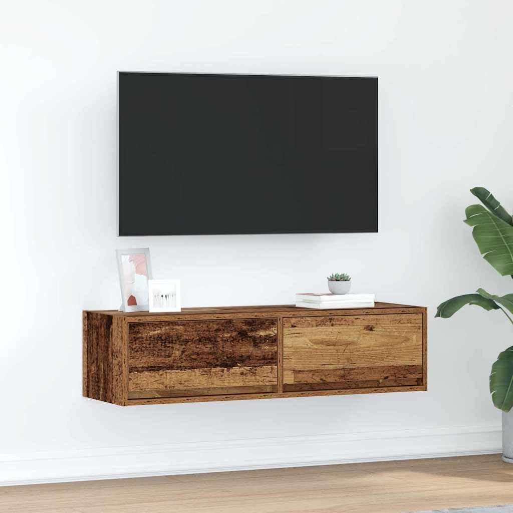 Meuble TV suspendu en bois vieilli de 100cm avec 2 tiroirs de rangement