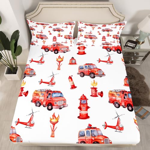 Homewish Drap Housse Rouge Camion de Pompier 90x190 avec 1 Taie d'oreiller, Drap-Housse 1 Personne...