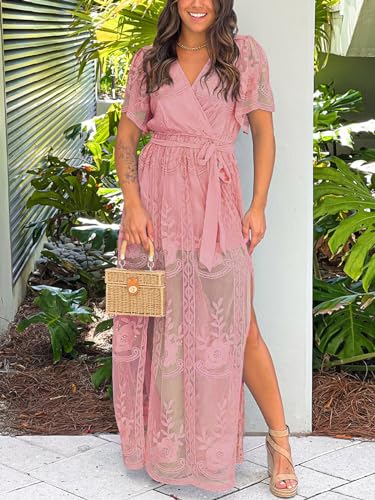 Image of LRTSES Womens Pink Wrap V Neck Floral Embroidered Lace Wedding Dress Short Sleeve Belted Bridesmaid Cocktail Party Maxi Dress