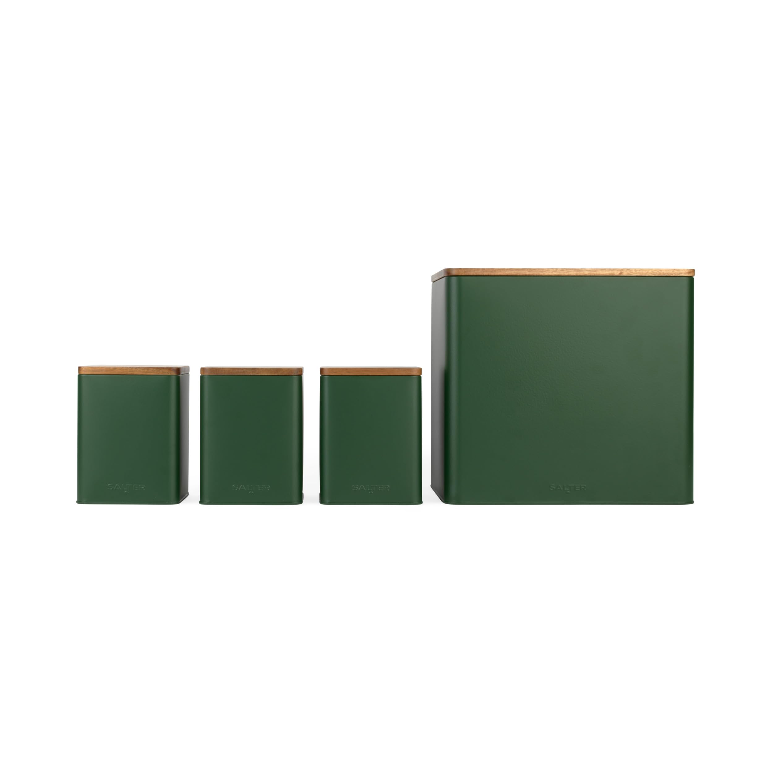 Salter Toronto Set de comptoir 4 pièces, boîte à pain et boîtes, vert | Finition mate thermolaquée, couvercles bois acacia, design carré/rectangulaire, nettoyage facile, thé café sucre