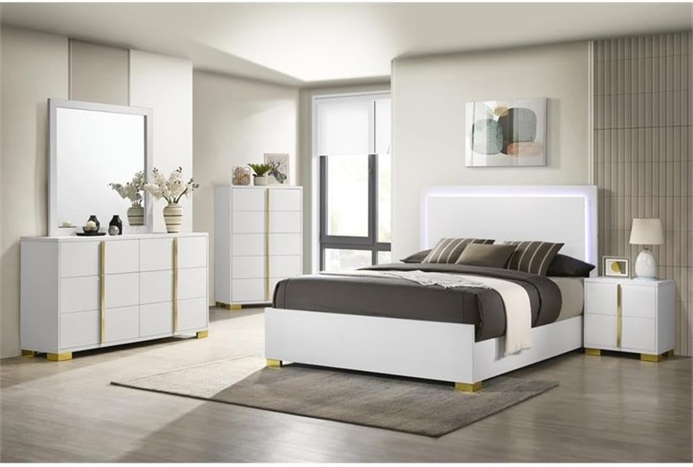Pemberly Row Contemporary 5-Piece Wood Full Bedroom Set, White and Gold Finish, LED Headboard, Includes Bed, Nightstand, Dresser, Chest, Mirror, Modern Design for Stylish Bedroom Decor