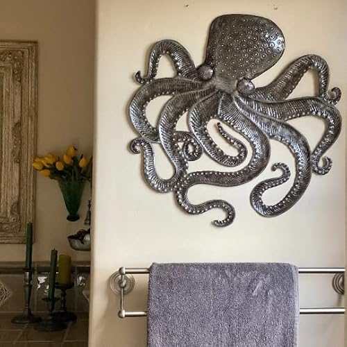 It's Cactus Large Metal Octopus, 23 Inch Round, Silver Bronze Tones, Decorative Sea Life Theme Wall Hanging Artwork, Handmade From Recycled Barrels #TOP1