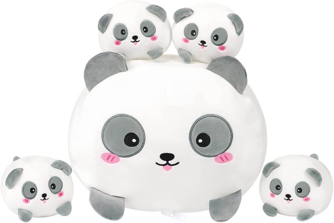 AIXINI Cute Panda Mommy Stuffed Animal with 4 Little Baby Pandas Plush, Super Soft Cartoon Hugging Pillow Toy