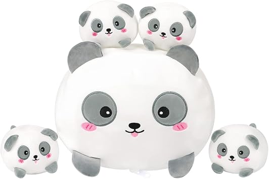 AIXINI Cute Panda Mommy Stuffed Animal with 4 Little Baby Pandas Plush, Super Soft Cartoon Hugging Pillow Toy
