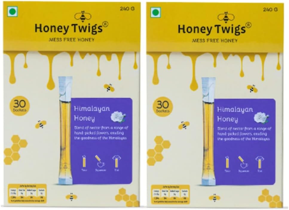 Honey Twigs Himalayan Multiflora Honey, 480gms (60 Single Sachets - 240g x 2 Packs) | Grade A Himalayan Honey - Traceable Source | Zero Additives | Zero Added Sugar | Immunity Booster