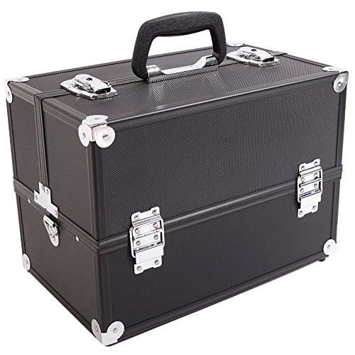 12 inch Carbon Fiber Pattern Travel Cosmetic Organizer Makeup Artist Train Case