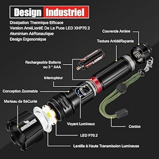 Shadowhawk Lampe Torche LED Ultra Puissante, 50,000 Lumens XHP70.2 Lampe de Poche Rechargeable, Lampe IP67 Étanche, 5 Modes D'éclairage pour Camping Randonnée Urgence