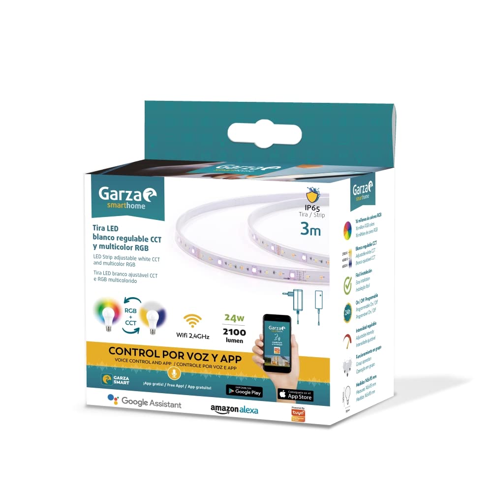 Garza Smart - Tira LED Inteligente Wifi de 3 Metros, Luz blanca regulable CCT y multicolor RGB, Programable, Impermeable IP65, Wifi 2.4GHz, Intensidad regulable, Control por app y voz Alexa/Google