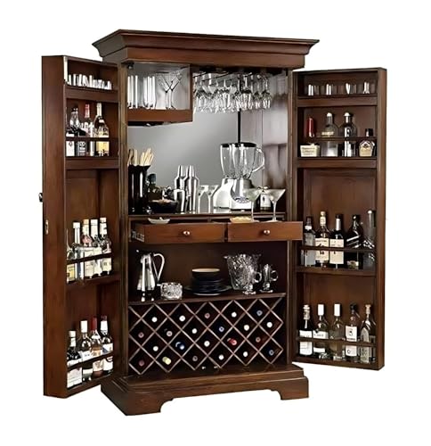 Image of Sheesham Wood Bar Cabinet | Big Wooden Bar Unit with Wine & Whiskey Rack, Glass Holder and Storage Drawers | Brown Finish | Pre-Assembled