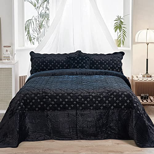 Home Soft Things Oversized King 4 Piece Faux Fur Quilted Tatami Bedspread Bedding Set, Soft Plush Warm Breathable Durable Quilt Coverlet Set With Matching Shams Pillows, 120" X 120", Black #TOP15