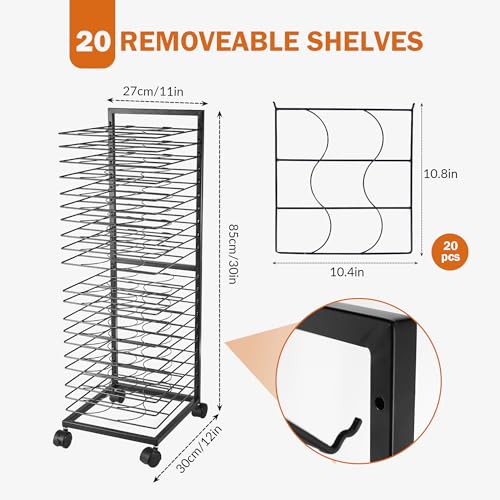 Image of GENMOUS Art Drying Rack, Metal Painting Drying Rack with 20 Removable Shelves, Art Storage Rack with Lockable Wheels for Art Studio Classroom School, 30x11x12 Inches