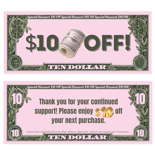 10 Best Card for Cash Back Rewards 3 50pcs $10 Gift Voucher, Cash Coupon Loyalty Reward Cards for Small Business, Client Appreciation Thank You Coupons, Money-Style Discount Certificates