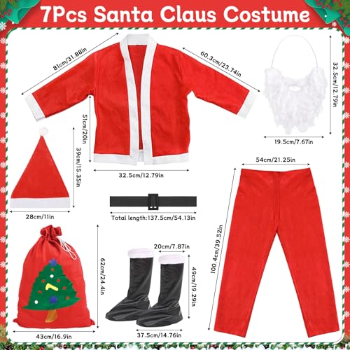 GLOSKIN Weihnachtsmann Kostüm,7-Teiliges Weihnachtskostüm Herren-Set für Erwachsene, mit Nikolaus Bart,Mütze,Schuh, Kleidung,Hosen,Gürtel und Geschenktüten