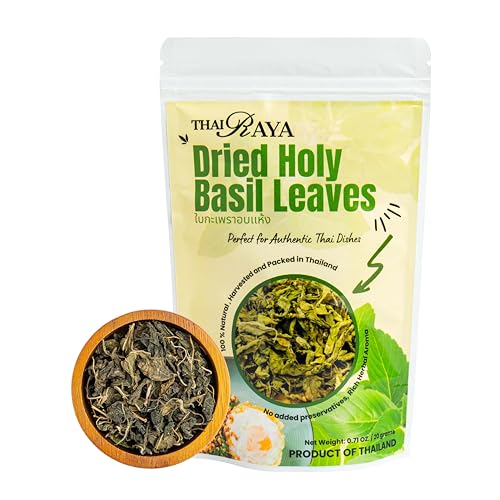 Thairaya Premium Dried Holy Basil leaves Kaprao Thai hearbs Natural 20 Grams (0.71 OZ.) Product of Thailand thai herbs holi basil fresh basil leaves dried Pack of 1