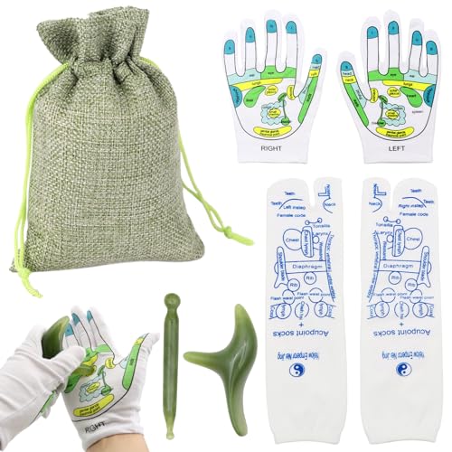 VEGCOO Reflexology Socks & Gloves Set, Foot & Hand Massage with Tools, Marked Acupoint Massage Socks & Gloves, Men's Size 40-45 (Green)