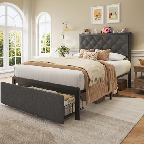 Image of Fluest Twin Bed Frame with Storage Drawer, Upholstered Headboard Button Tufted Bed Frame with Charging Station, No Box Spring Needed, Noise-Free, All Metal Structure, Grey