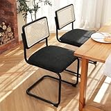 ONEVOG Boucle Dining Chair Set of 2, Modern Upholstered Cane Chairs with Natural Rattan Back & Tubular Metal Frame, Comfortable Accent Chairs for Dining Room/Kitchen/Living Room, Black