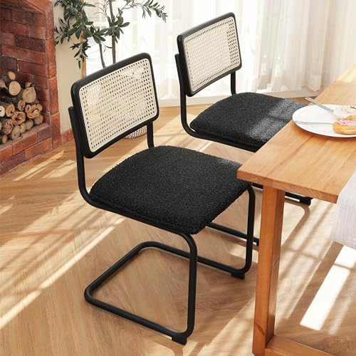 ONEVOG Boucle Dining Chair Set of 2, Modern Upholstered Cane Chairs with Natural Rattan Back & Tubular Metal Frame, Comfortable Accent Chairs for Dining Room/Kitchen/Living Room, Black