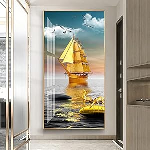 Rumlly Chinese Gouden Boot Schip Canvas Schilderij Lucky Zen Stones Poster Landschap Wall Art Pictures voor Woonkamer Veranda Decor 80x160cm frameloze