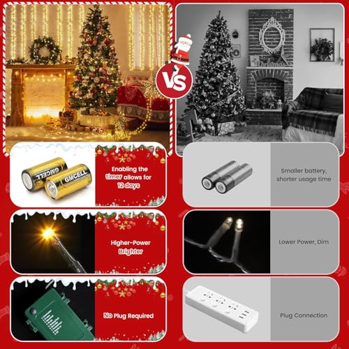 Quntis 164FT 1000LED C Battery Christmas String Lights - Super Bright Indoor/Outdoor Holiday Fairy Lights with Timer, 8 Modes, Warm White
