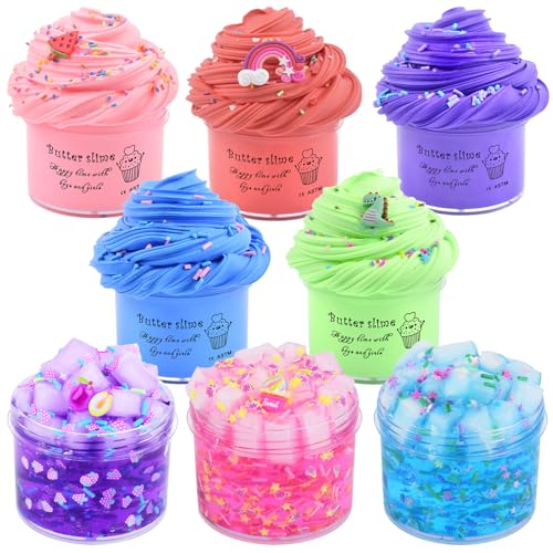 Image of 8 Pack Slime Kit, with 3 Jelly Cube Crunchy Slime and 5 Butter Slime, Crystal Slime Kit Toy, Soft and Non-Sticky for Girls Boys Party Gift, Super Cute Stress Kids Relief Toys