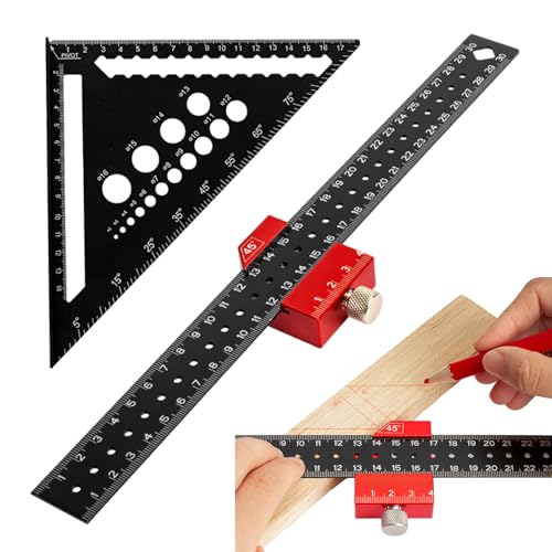 Hinmay - Juego de herramientas cuadradas para carpintería, regla triangular métrica de 7 pulgadas, regla deslizante de 45 90 grados, regla deslizante versátil de acero inoxidable, regla triangular de