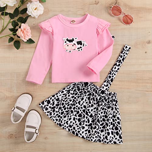 Toddler Baby Girl Ruffled Fly Sleeve Cow Top Shirts + Leopard Suspender Skirts Overall Dress Clothes2