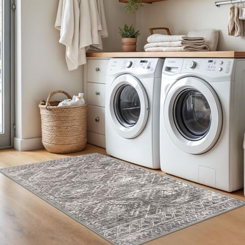 KILOCOCO Boho Entryway Rug 3x5 Area Rug Washable Non Slip Throw Rugs Soft for Kitchen Living Room Dining Bedroom Geometric Moroccan Carpet, Taupe