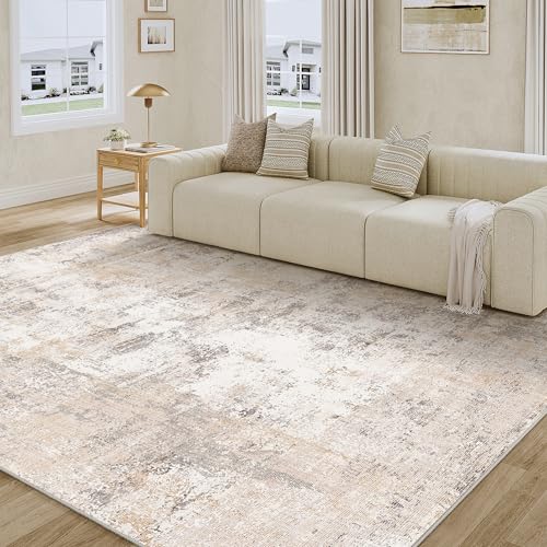 Image of WondRg 7x9 Washable Area Rug Beige Grey Abstract Living Room Bedroom Throw Rug Neutral Modern Non Slip Soft Low Pile Lightweight Indoor Carpet for Dining Room Office