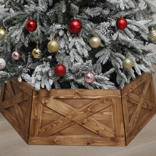 Cinnvoice 40" Wood Christmas Tree Collar, XL Hexagon Xmas Bottom Cover, Rustic Vintage Skirt for 7.5-11 ft Christmas Tree, Wooden Xmas Oversized Holiday Decor for Home Festive Party(Brown,X) by Cinnvoice - Used condition - US$15.17