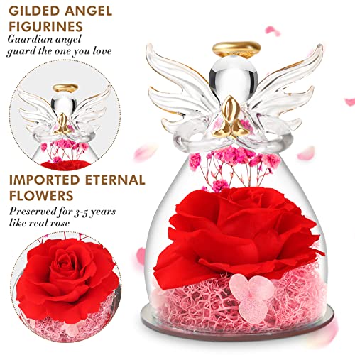 Preserved Real Rose With Angel For Women Wife Mom Grandma, Mother Days Gift For Mom, Angels Figurines With Handmade Rose Flowers & Love You Necklack For Wedding Birthday Gifts (A Red) #TOP2