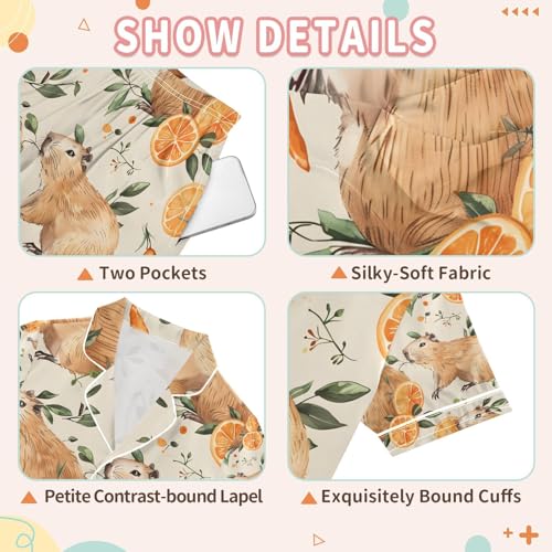 senya Cute Capybaras Eat Oranges Satin Summer Pajama Sets Silk Short Sleeve Button Down Sleepwear3