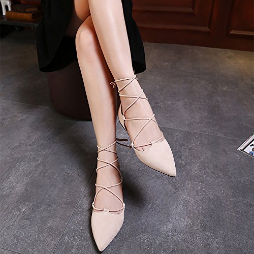 Meeshine Womens D'Orsay Pointy Toe Ankle Strap Wrap Ballet Flats Lace Up Flat Shoes Apricot US 8