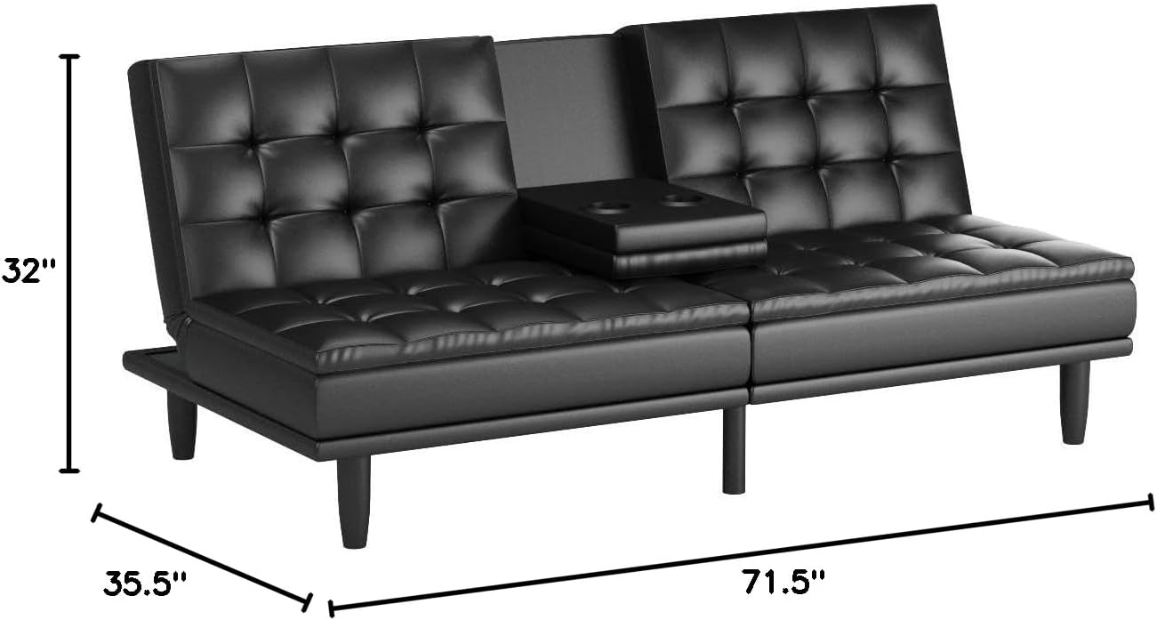Upholstered in Faux Leather Mainstays Memory Foam Pillowtop Futon with Cupholders